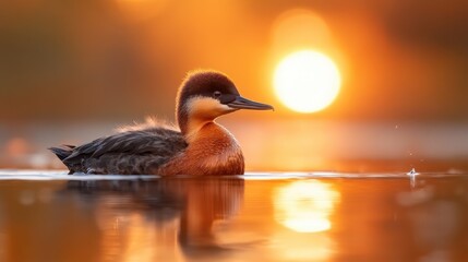 A duck gracefully swims in a shimmering water body during sunset, illuminated by warm golden light, depicting tranquility and harmony in nature's beauty.