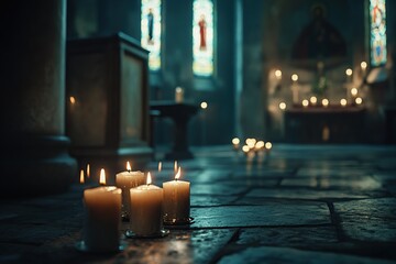 Candles in an Orthodox church, a cinematic shot, vintage style, minimalism, blurred background