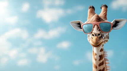 A cheerful giraffe wearing stylish sunglasses under a bright blue sky, combining humor and wildlife in a playful and captivating portrait.