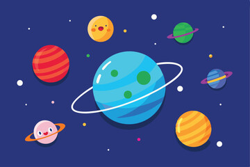 Naklejka premium Cheerful cartoon planets and stars float in a vibrant, dark-blue space.