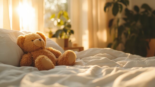 This image captures a soft teddy bear resting on a neatly made bed, illuminated by warm sunlight, evoking feelings of nostalgia, comfort, and tranquility in a cozy room.