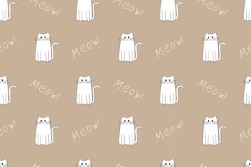Seamless pattern of  cute white cat on  brown latte background. Cartoon flat design. Pet, fauna, domestic. For backgrounds, wallpapers, textiles, packaging or  website.