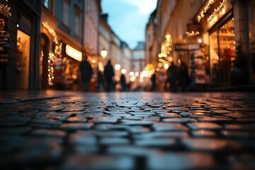 Blurred background of the street in an old town with shops, people, and lights.