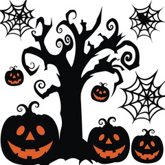 A silhouette illustration of a spooky, twisted Halloween tree with jack-o'-lantern pumpkins and spiderwebs against a plain white background.