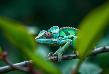 Fototapeta premium Vibrant green chameleon perched on a branch in lush foliage, exotic reptile in natural habitat, close-up view