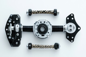 Car brake, caliper, and braided shock absorber on a white background with copy space for text