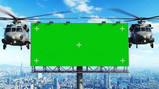 Twin Helicopters Fly Past Giant Green Screen Billboard Over City