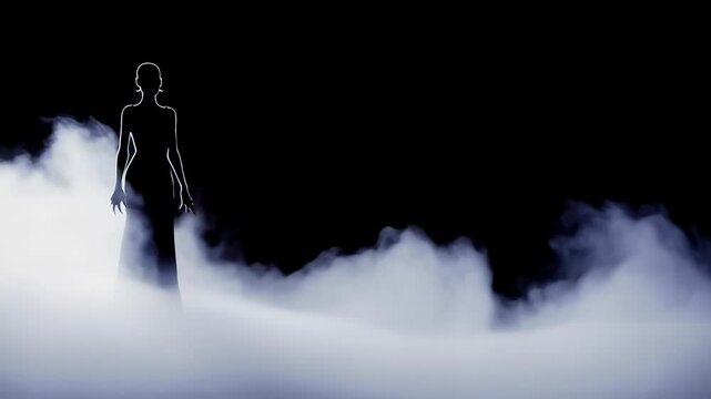 Mysterious silhouette emerges gracefully from thick whirling mist in dramatic dark scene