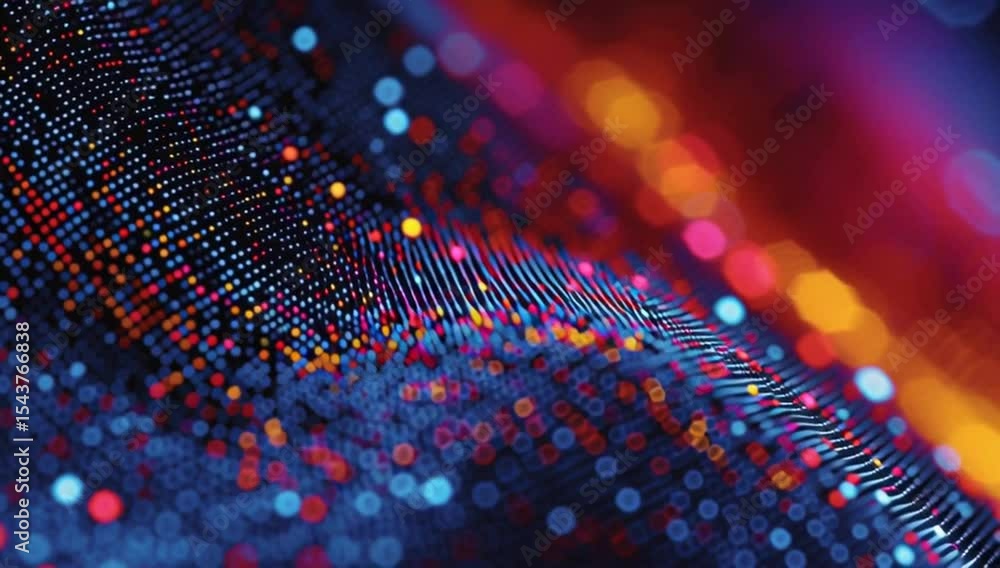 Poster a close-up of digital data visualizations, featuring vibrant colors and pixelated dots on a dark bac