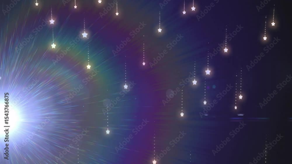 Poster sudden burst of light expanding into lens flare, star particles descending creating cosmic loop