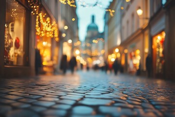 Blurred background of the street in an old town with shops, people, and lights.