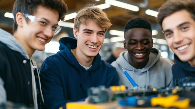 Close-up of diverse electrician students laughing as they examine a circuit board together at a hands-on training station with scattered tools
