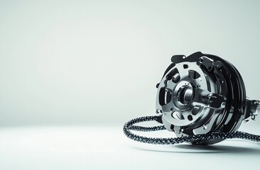 Car brake, caliper, and braided shock absorber on a white background with copy space for text.