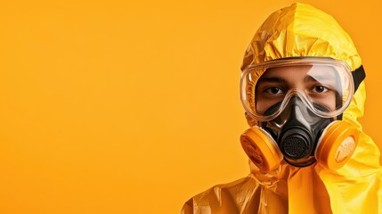 This striking image features an individual dressed in a protective hazmat suit and mask, highlighting themes of safety, caution, and the current global health concerns.