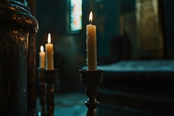 Candles in an Orthodox church, a cinematic shot, vintage style, minimalism, blurred background