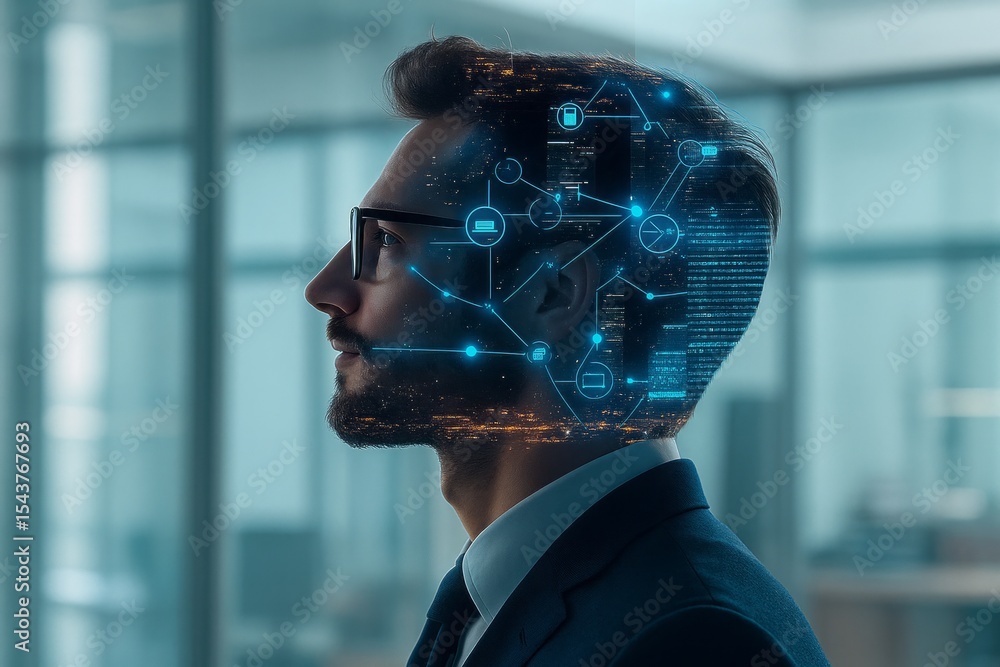 Poster modern businessman digital brain network cityscape concept artificial intelligence technology innova