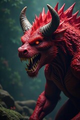 Crimson-furred monster, jagged horns, bared fangs, fantasy, beast, menacing