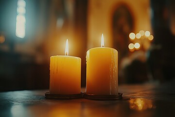 Candles in an Orthodox church, a cinematic shot, vintage style, minimalism, blurred background