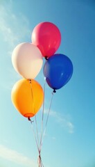 Colorful balloons floating against a clear sky, vibrant, gold