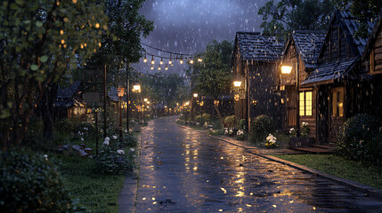 Wet cobblestone streets reflecting village lights on rainy night scene high resolution picture