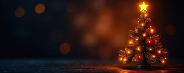 Glowing Christmas tree, warm lights, bokeh Dark background , photography, magic