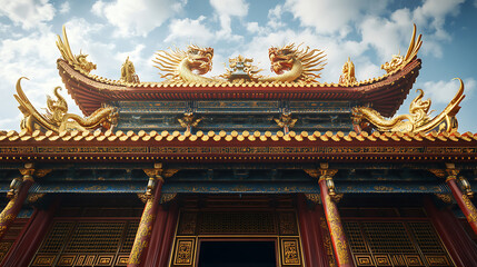 Obraz premium Wide angle view of elegant chinese building with gold carvings high resolution picture