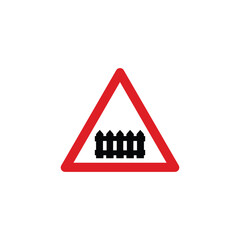 Level crossing with gate or barrier triangle road sign. Reflective traffic sign symbol modern, simple, vector, icon for website design, mobile app, ui. Vector Illustration
