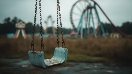 An old, rusted playground swing looms in a deserted amusement park, evoking feelings of nostalgia, abandonment, and the passage of time in a hauntingly beautiful setting.