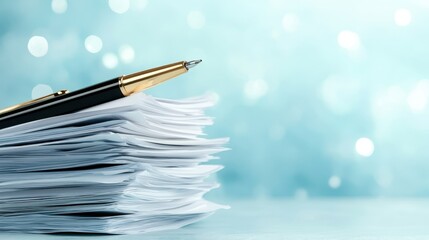 A finely arranged stack of documents alongside a sleek, elegant pen, all set against a calming blue backdrop that emphasizes professionalism and organization.