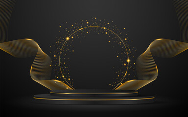 Black podium with elegant gold wave lines on the back for product presentation. Display of cosmetic products. Stage or podium. vector illustration	