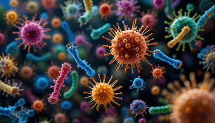 Colorful microscopic illustration depicting various bacteria and viruses in a detailed view.