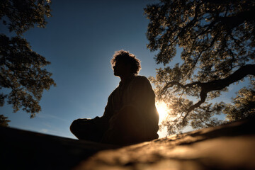 Silhouette of man meditating in nature