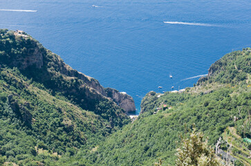 View of shoreline from Path of the Gods, Amalfi coast in Southern Italy