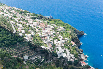 View of Praiano from Path of the Gods, Amalfi coast in Southern Italy
