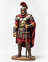 Fototapeta premium Isolated miniature figurine of Roman centurion in detailed armor with red cape and helmet on white background 