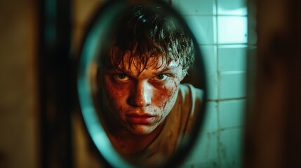 A captivating portrait of a young man staring intensely into a mirror, expressing a mix of emotions, vulnerability, and familiarity in a dimly lit environment.