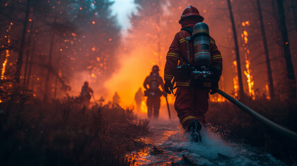 Fototapeta premium A fire brigade in protective suits extinguishes a fire in the forest, everything is burning around, there is a lot of fire and smoke