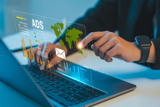 Futuristic Digital Marketing Analytics Interface Overlaid on a Modern Workspace with Holographic Data Visualizations