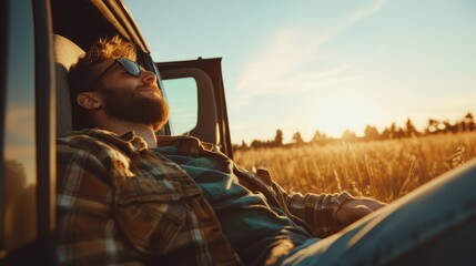 A man leans back against his vehicle in a golden field, basking in the warm glow of sunset, portraying tranquility, freedom, and the joy of simple moments in life.