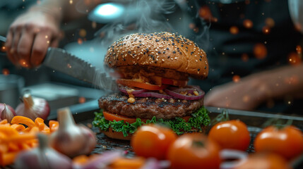 A juicy burger prepared by a professional chef