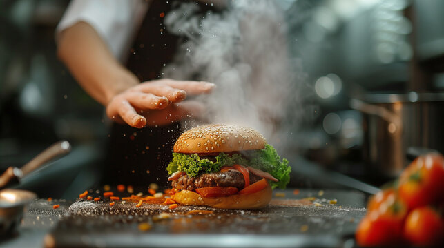 A juicy burger prepared by a professional chef