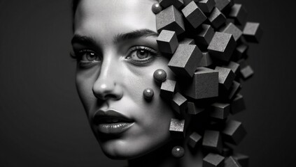 Conceptual portrait of a woman's face with abstract geometric shapes