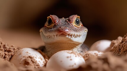 A fascinating close-up of a lizard resting protectively beside its incubating eggs, highlighting the natural instincts and nurturing behavior found in wildlife.