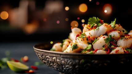 A beautifully plated seafood dish topped with vibrant spices, herbs, and lime, showcasing a combination of flavors that tantalizes the senses and appeals to food lovers.