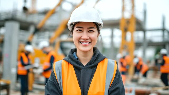 Asian engineer in a safety helmet and orange vest, smiling and posing on the construction site, as workers continue to build the framework for a modern architectural project