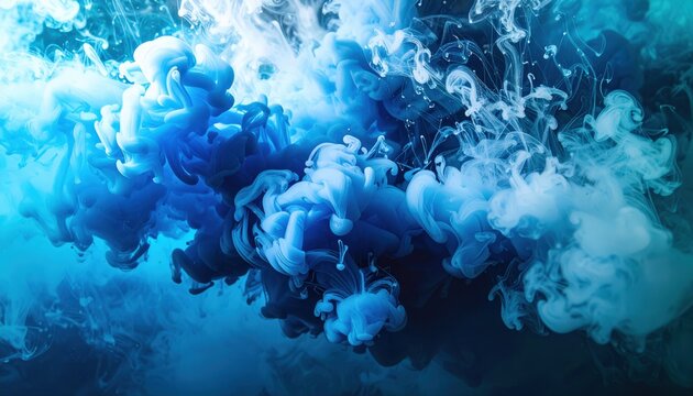 Blue Ink in Water Abstract: Blue and white ink diffusing and spreading in water, creating abstract patterns and dynamic motion.