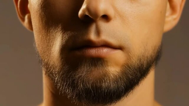 A close-up of a man's face, changing from clean-shaven to light stubble and a beard with gray, while the background changes from cool gray to deep amber - from youth to maturity
