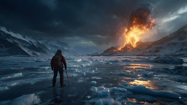 Hiker observes volcanic eruption in a frozen arctic landscape - Powered by Adobe