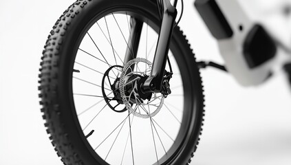 Fototapeta premium Close-Up of Black Mountain Bike Front Wheel and Spokes on White Background – Ideal for Product Design and Packaging