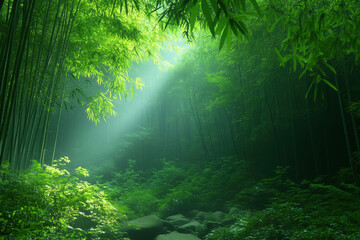 mountain bamboo grove in morning mist